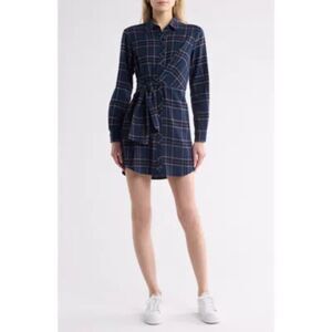 LUSH Plaid Wrap Style Long Sleeve Dress In Navy Plaid Size‎ XS NWT